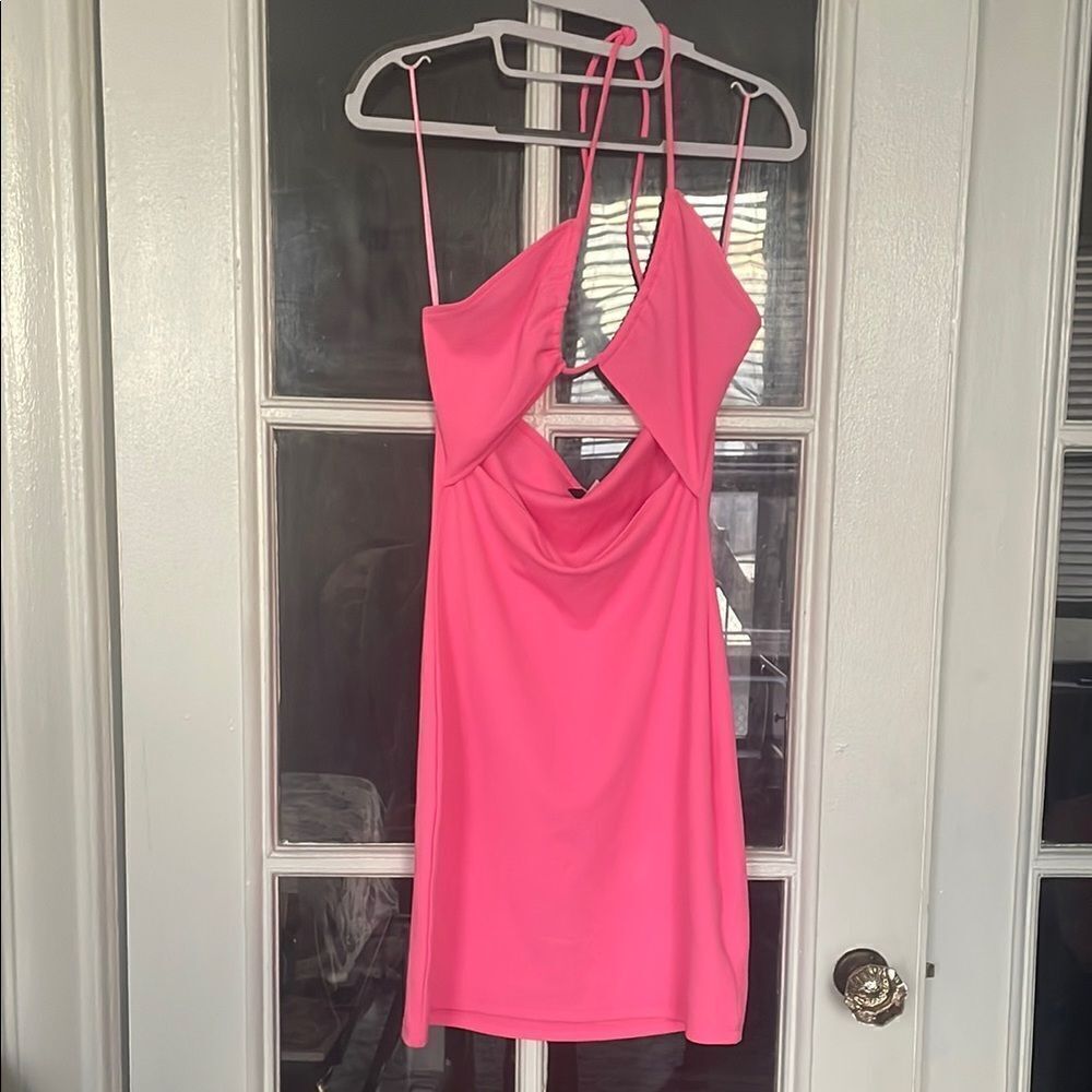 Preowned h&m halter open front neon pink sexy cocktail mini dress size medium